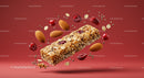 Granola Bar with Nuts and Cranberries on Red Background