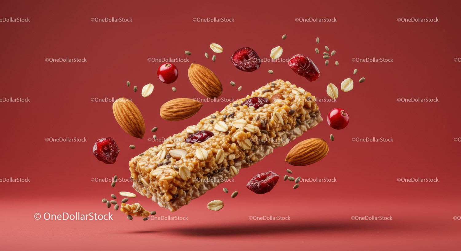 Batonik granola z orzechami i żurawiną na czerwonym tle