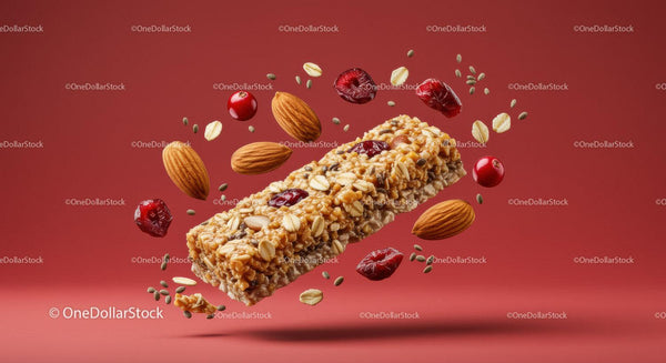 Granola Bar with Nuts and Cranberries on Red Background