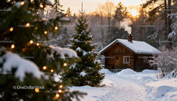 Snowy Cabin with Holiday Lights at Sunset