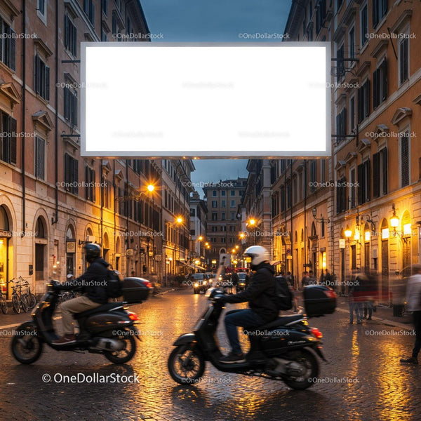 Evening scooters riding on historic cobblestone street JPG Mockup Image