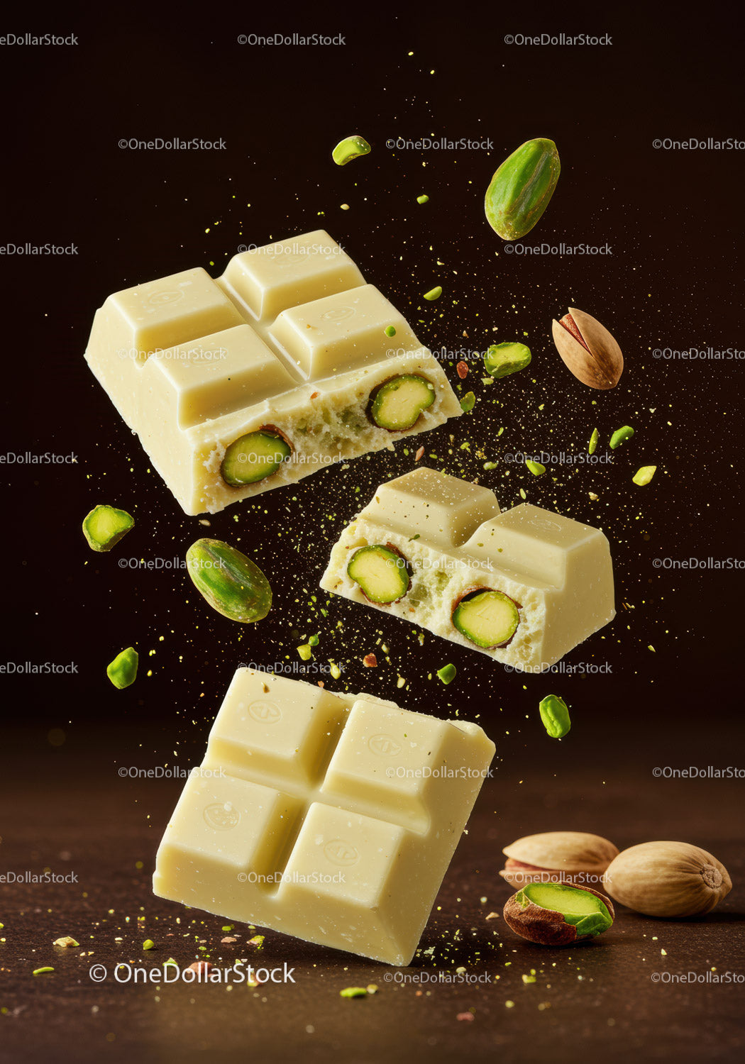 White chocolate pieces with crunchy pistachio nuts
