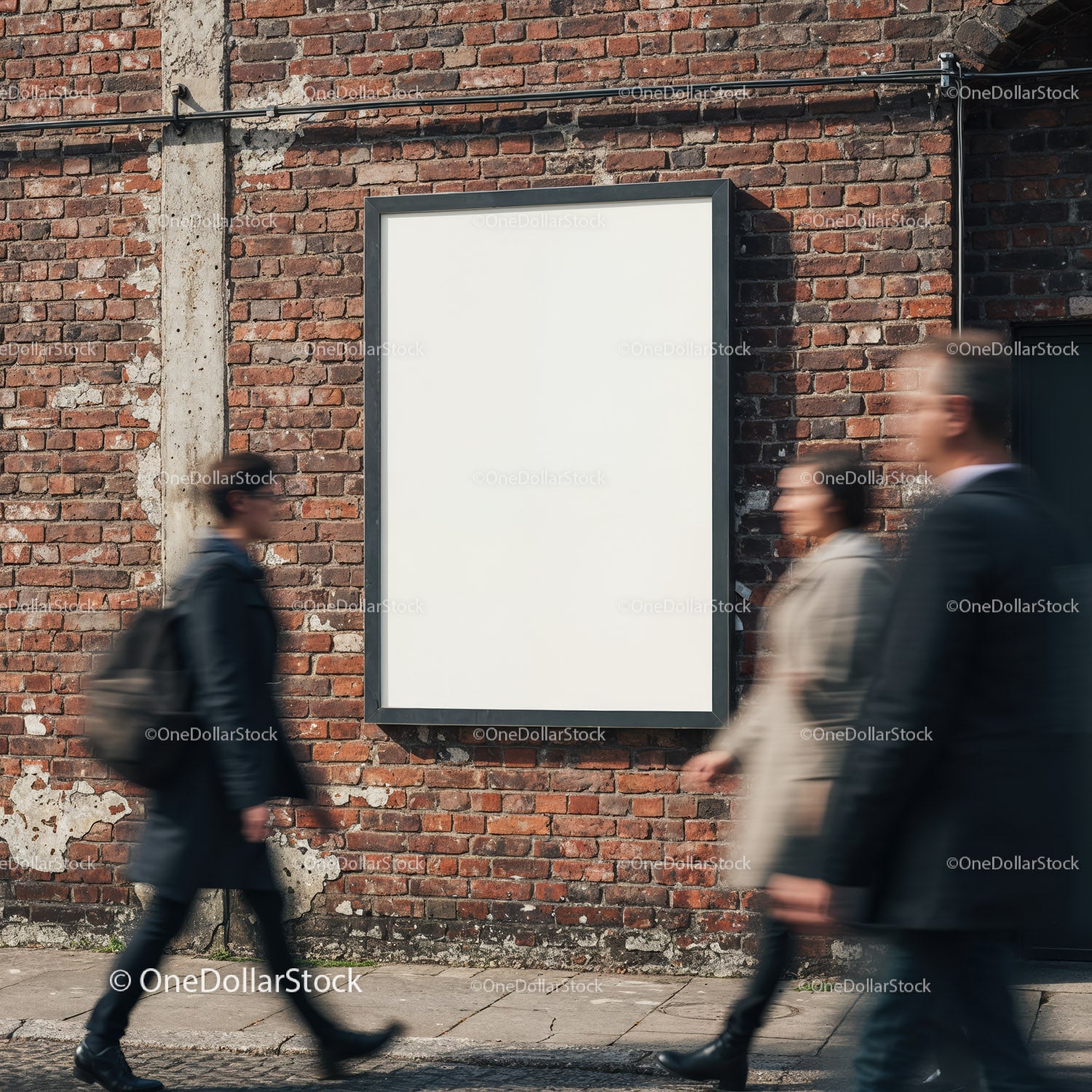 Blank Urban Billboard on Brick Wall with Passing People