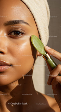 Young woman using jade facial roller for skincare and facial massage