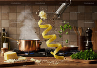 Fresh ingredients floating over rustic kitchen counter