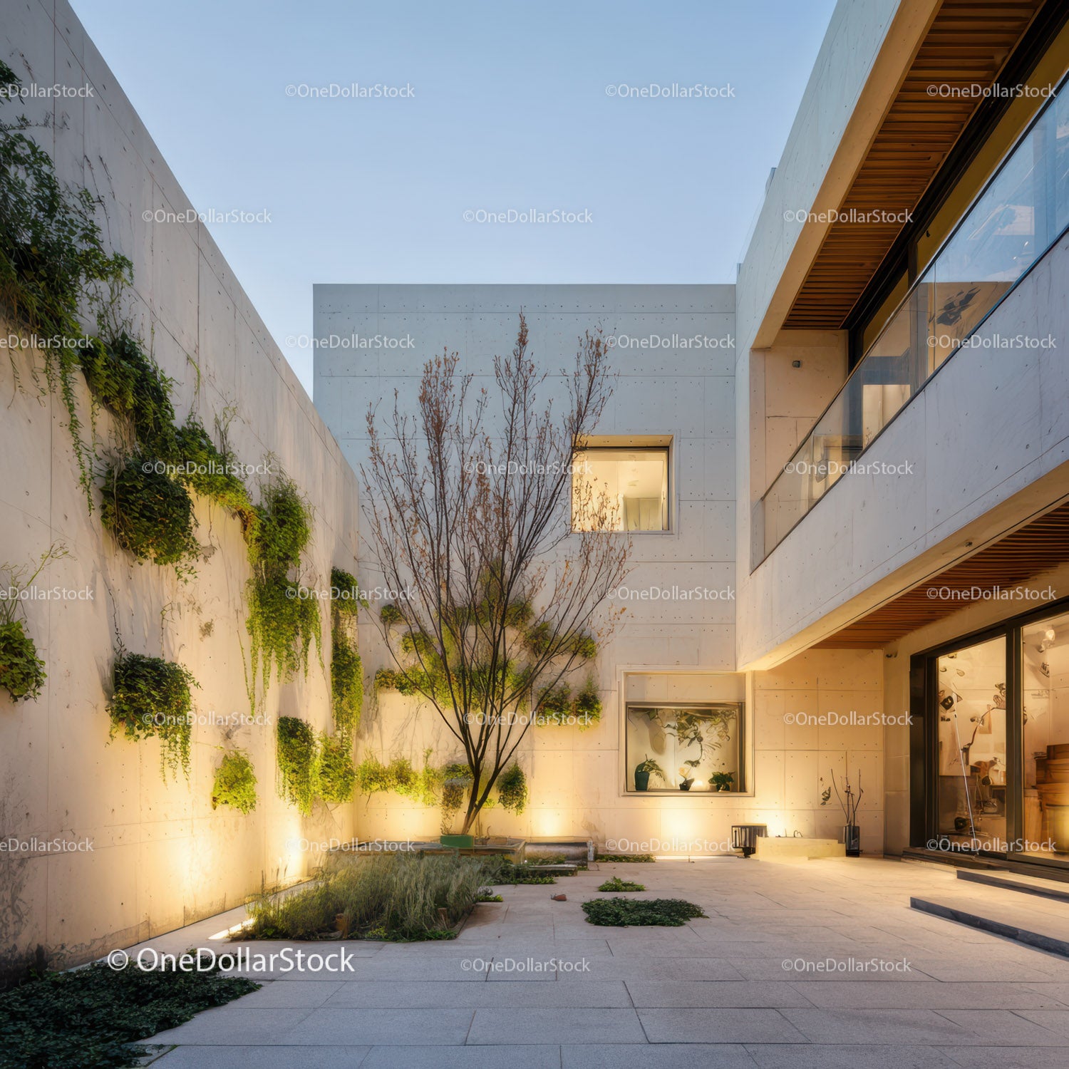 Modern Minimalist Concrete Building with Vertical Garden and Outdoor Patio
