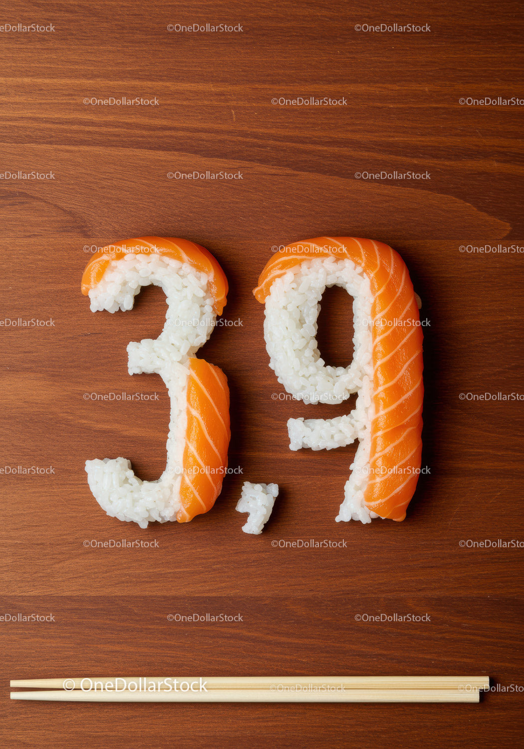 Creative sushi numbers displaying price on wooden table