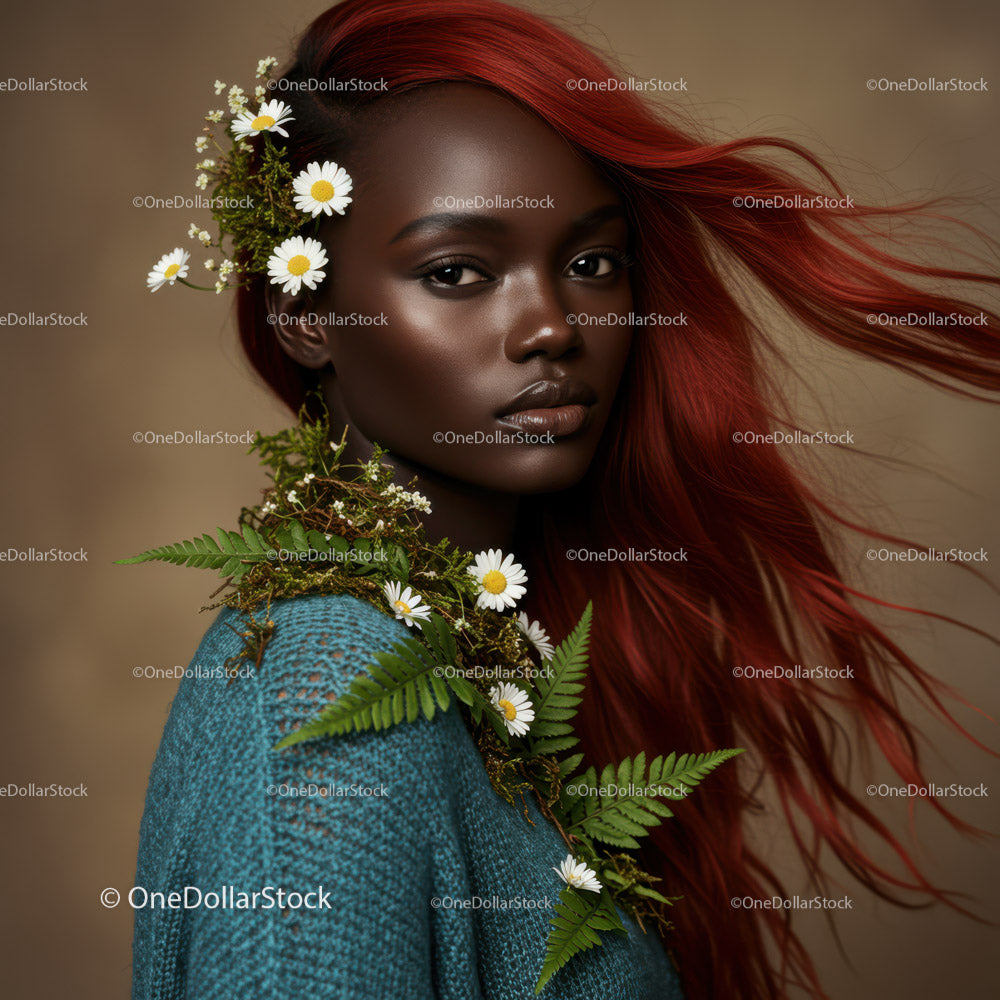 Portrait of a Woman with Red Hair and Daisy Floral Accessories
