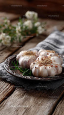 Fresh Garlic Bulbs on Rustic Wooden Table with Herbs for Cooking