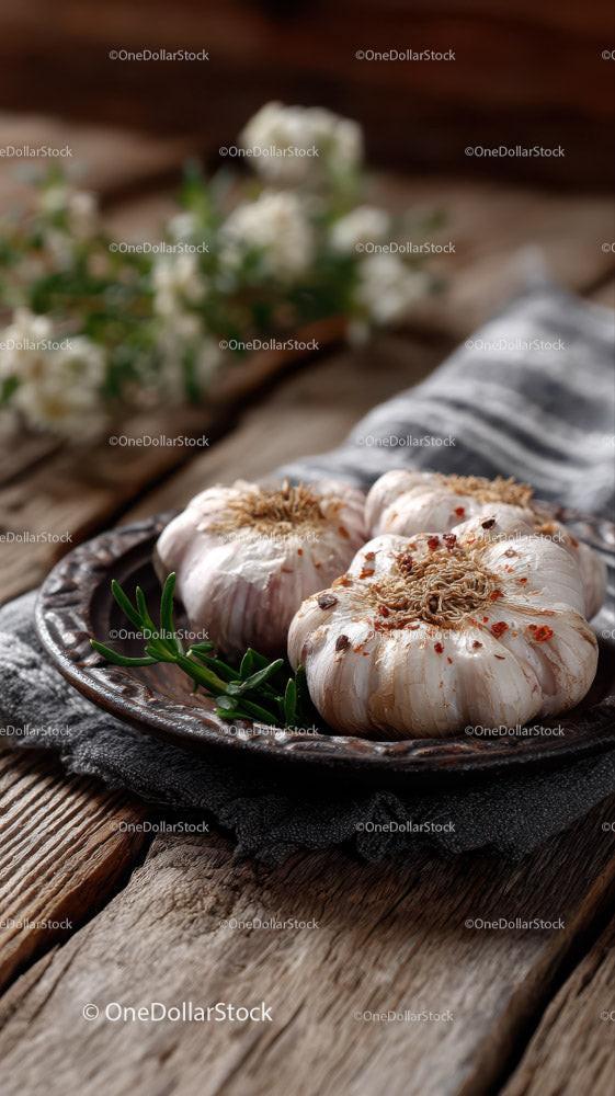Fresh Garlic Bulbs on Rustic Wooden Table with Herbs for Cooking