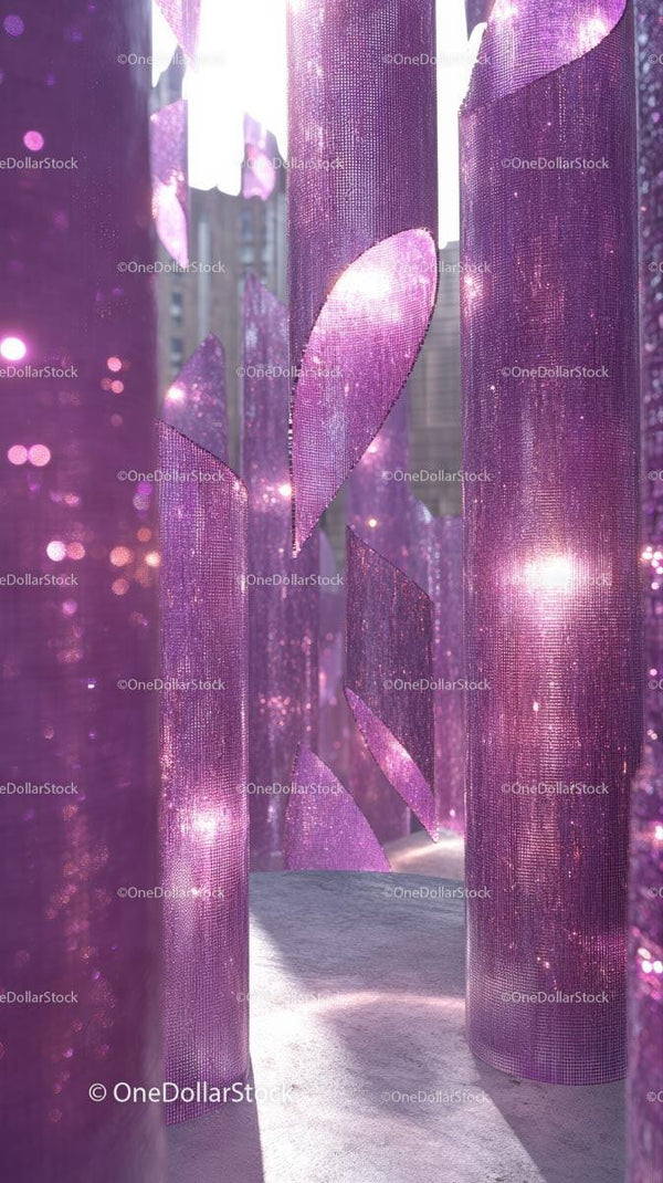 Vibrant Purple Fabric Art Installation in Urban Public Space