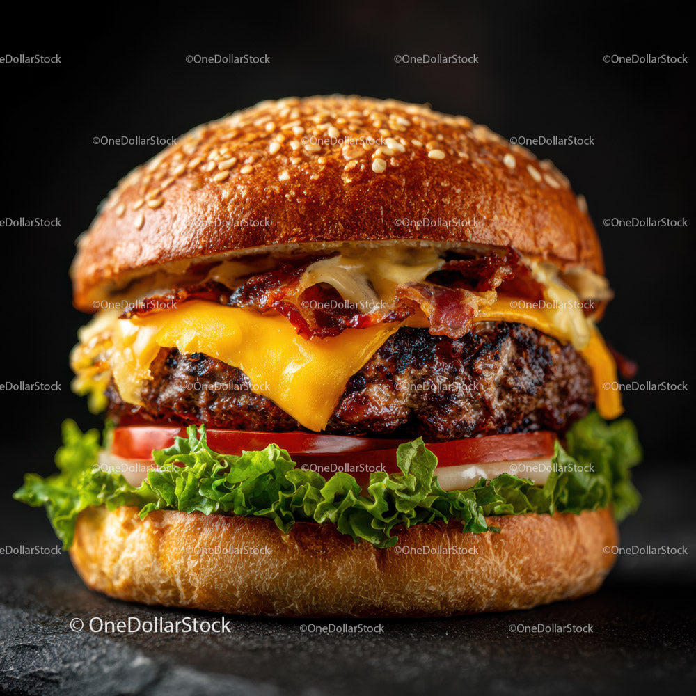 Juicy Cheeseburger with Bacon and Fresh Vegetables