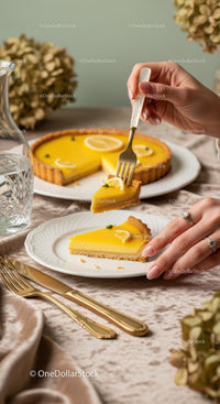 Elegant Lemon Tart Slice with Fresh Lemon Garnish on Vintage Table
