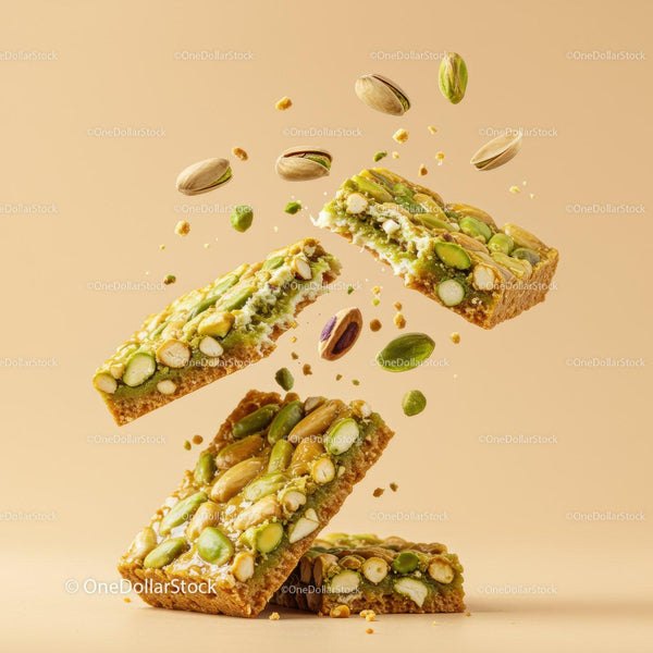 Nutty pistachio bars with crumbly texture in motion