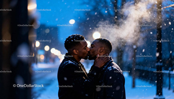 Romantic Winter Kiss Between Two Men in Snowfall
