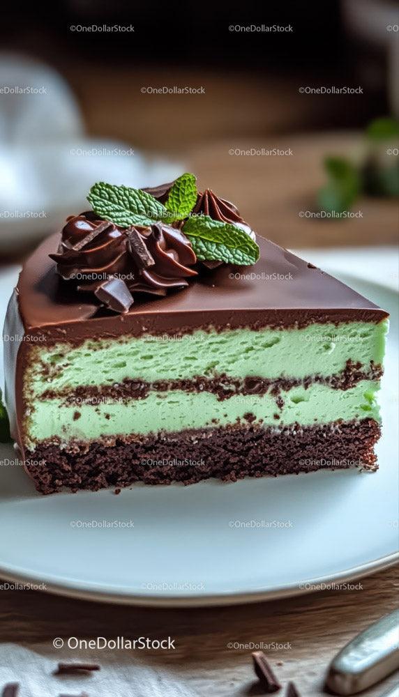 Chocolate Cake with Mint Flavored Cream and Chocolate Garnish