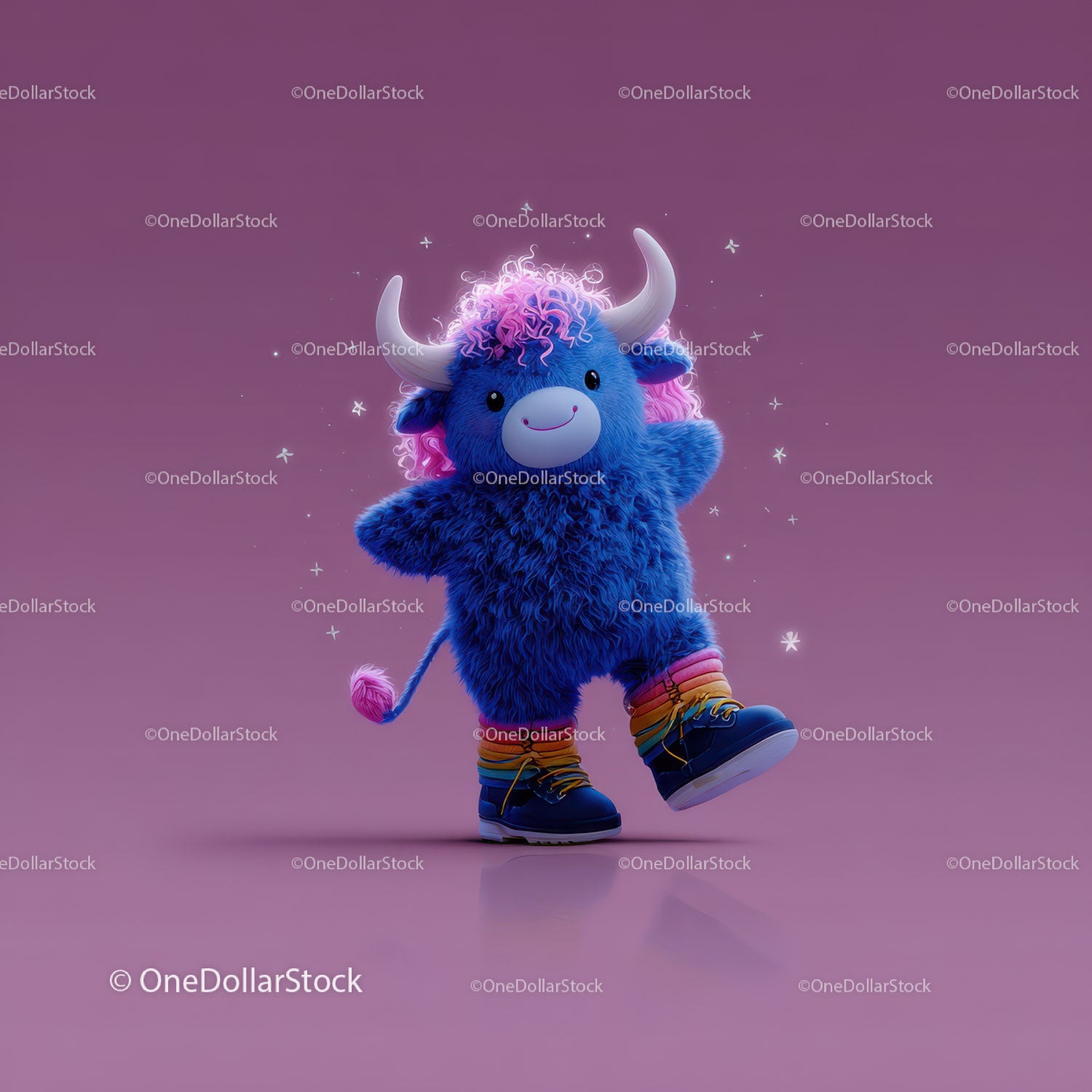 Colorful Furry Mascot with Rainbow Horns Wearing Boots and Smiling