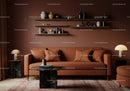 Cozy living room with terracotta sofa and modern decor