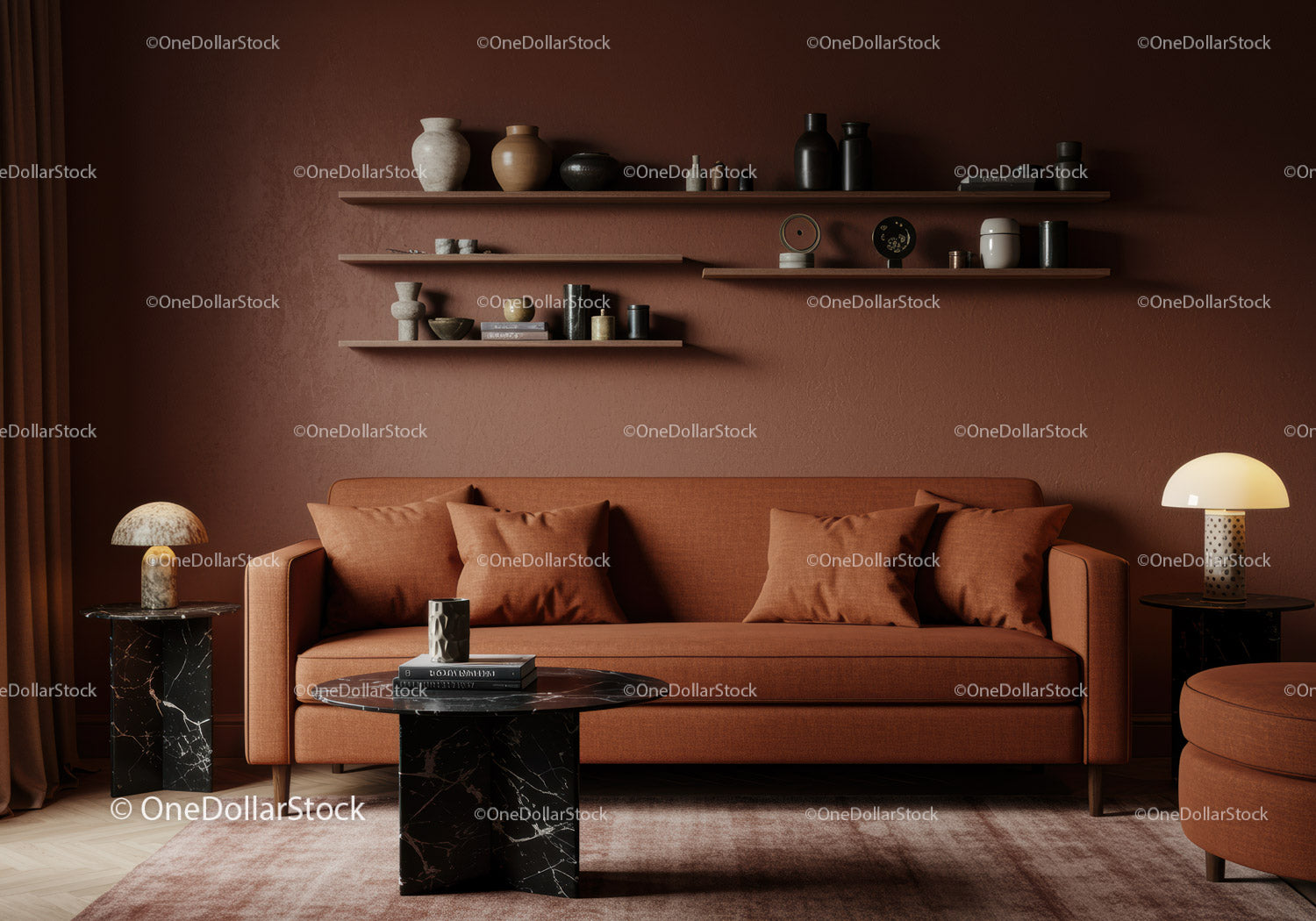 Przytulny salon z terakotową sofą i nowoczesnym wystrojem