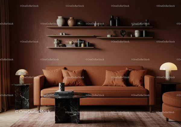Cozy living room with terracotta sofa and modern decor