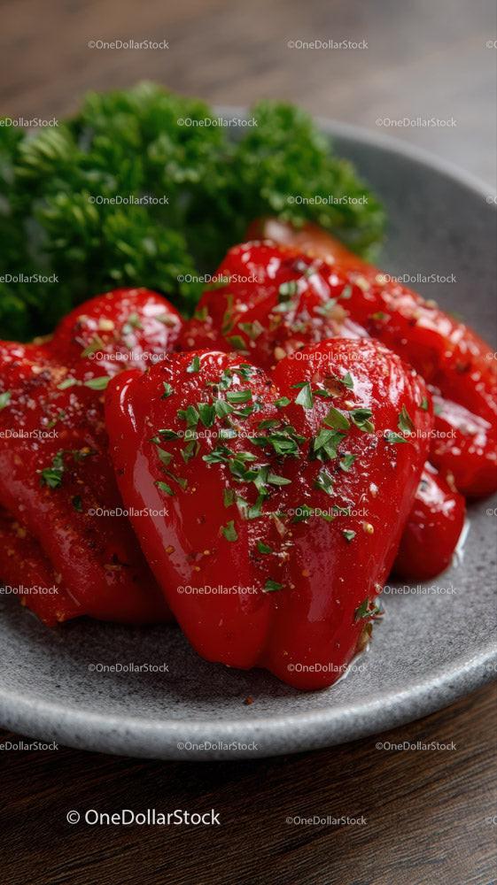 Fresh Roasted Red Bell Peppers with Parsley Garnish
