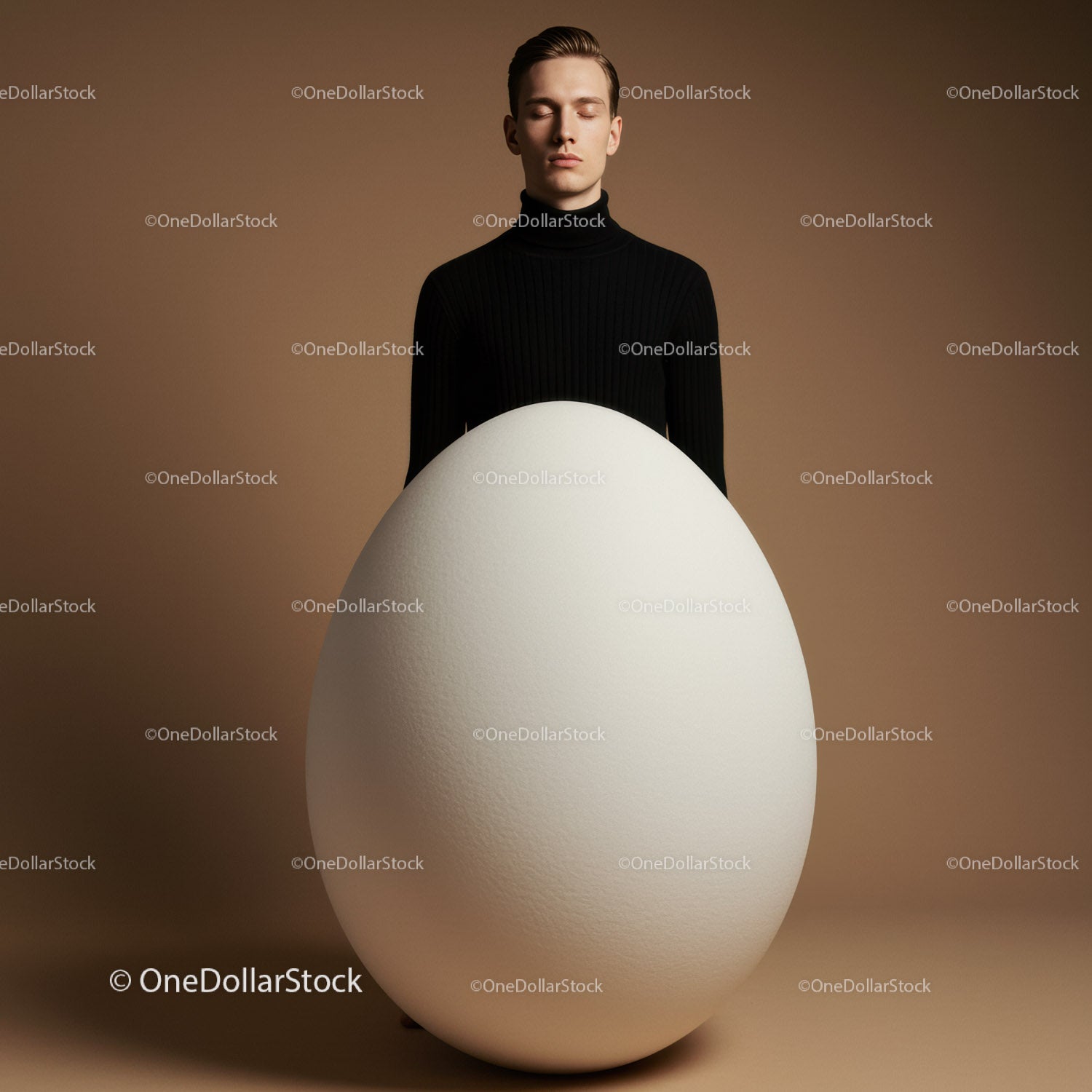 Calm man standing behind giant white egg on brown background
