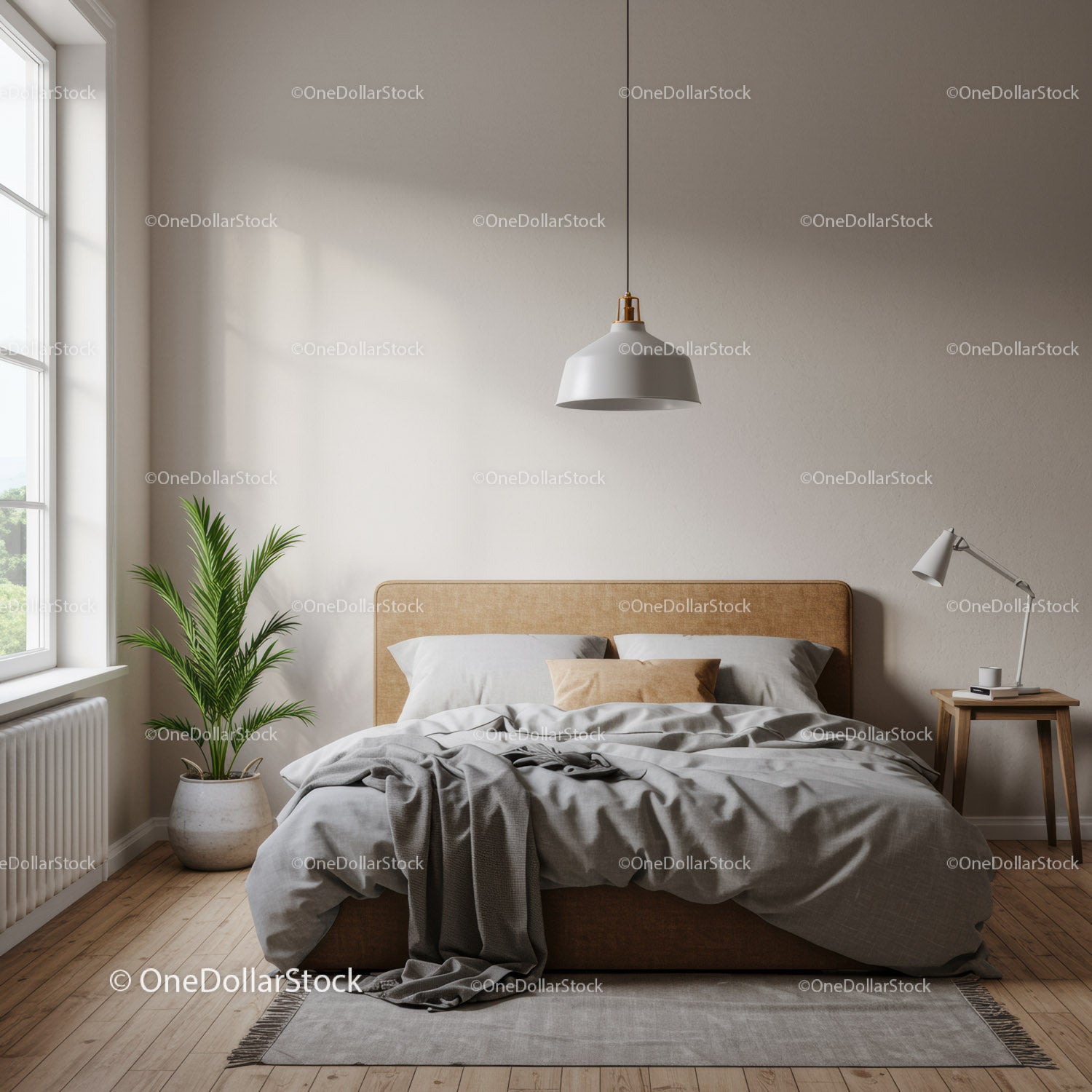 Minimalist Bedroom with Gray Bedding and Houseplant in Natural Light