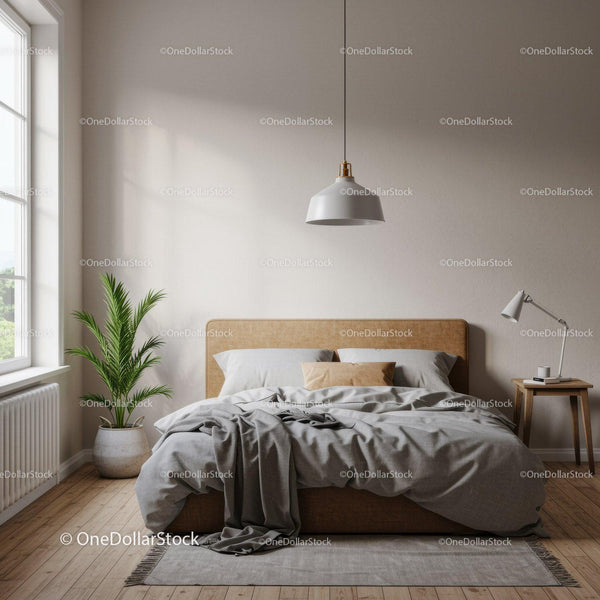 Minimalist Bedroom with Gray Bedding and Houseplant in Natural Light