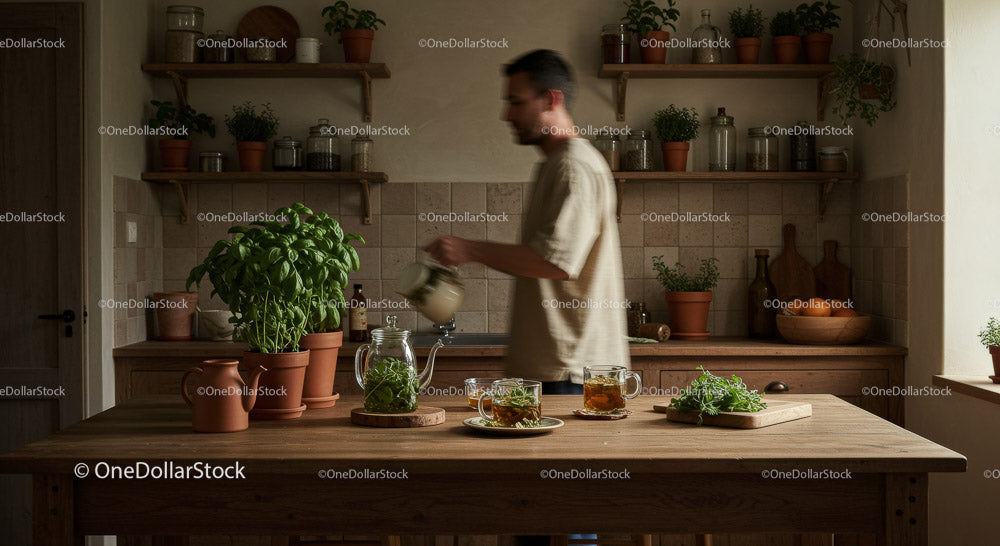 Man Watering Fresh Basil and Herbs in a Cozy Kitchen