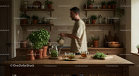 Man Watering Fresh Basil and Herbs in a Cozy Kitchen