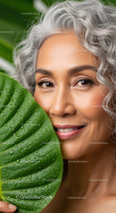 Senior Woman with Curly Gray Hair and Green Leaf in Natural Setting