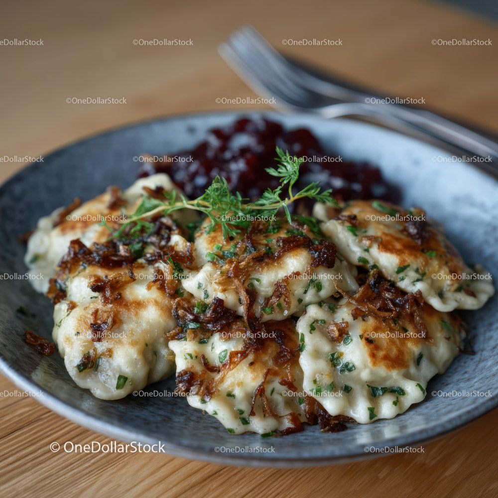 Delicious Fried Potstickers with Soy-Glazed Onion Garnish in a Rustic Bowl
