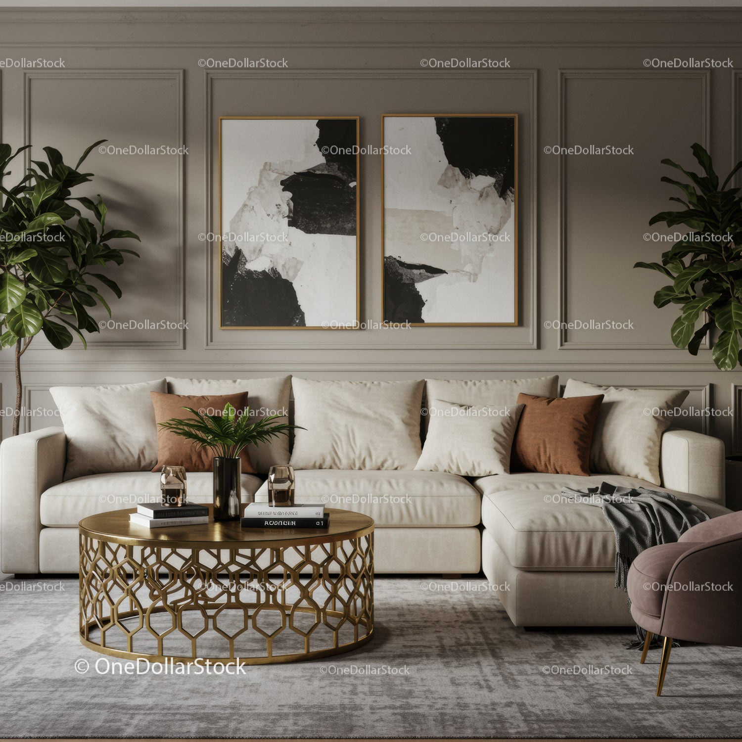 Modern beige living room with gold accents and greenery