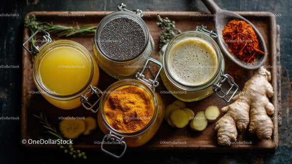 Healthy Organic Turmeric and Ginger Ingredients in Glass Jars