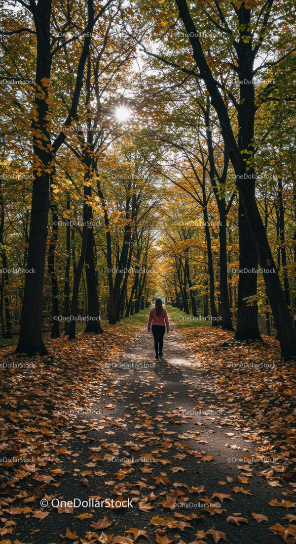 Woman walking alone on autumn forest path