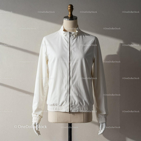 Minimalist white zip-up jacket on dress form JPG Mockup Image