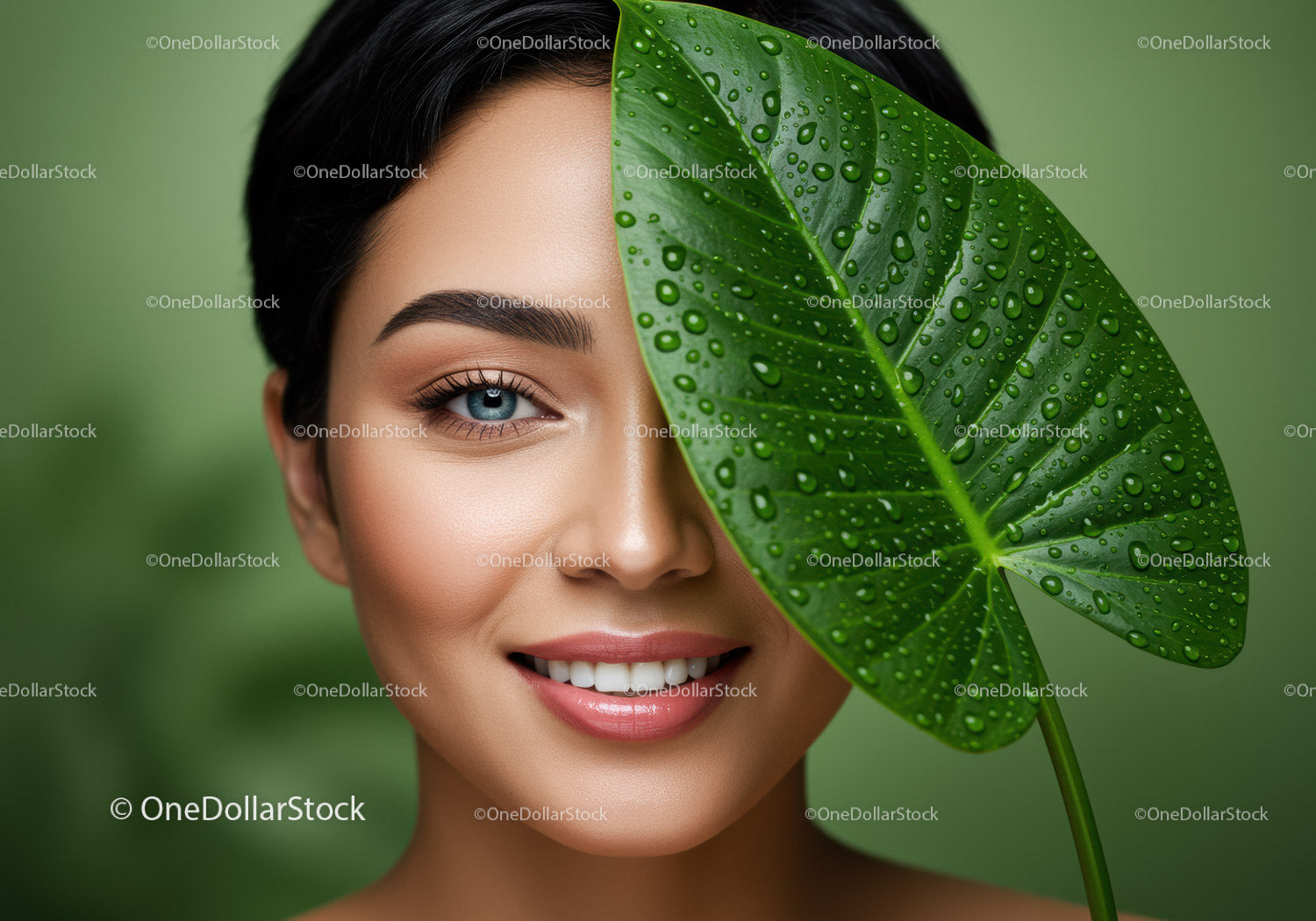 Portrait of a Beauty Woman with a Large Green Leaf and Water Droplets