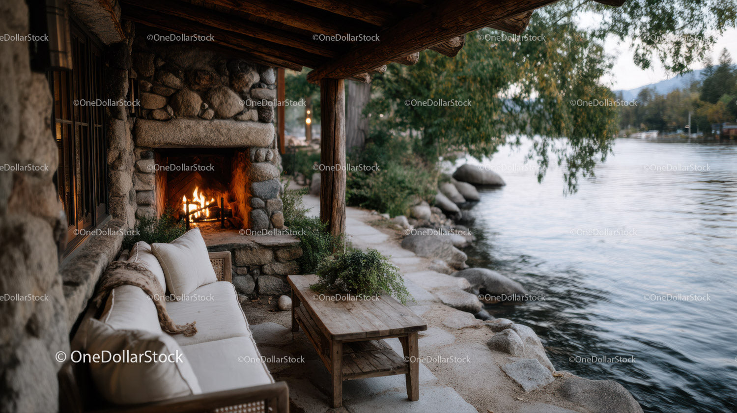 Lakeside Rustic Outdoor Fireplace with Seating and Nature Views
