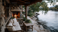 Lakeside Rustic Outdoor Fireplace with Seating and Nature Views