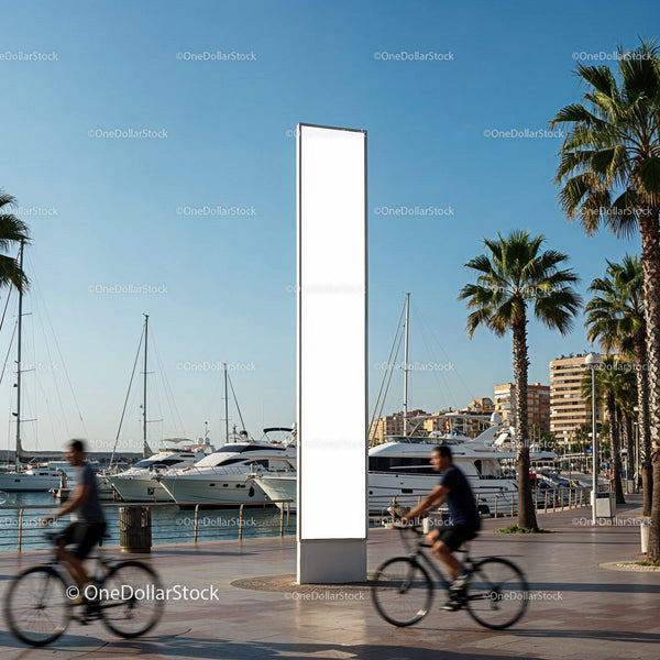 Cyclists Passing Blank Billboard by Marina on Sunny Day JPG Mockup Image