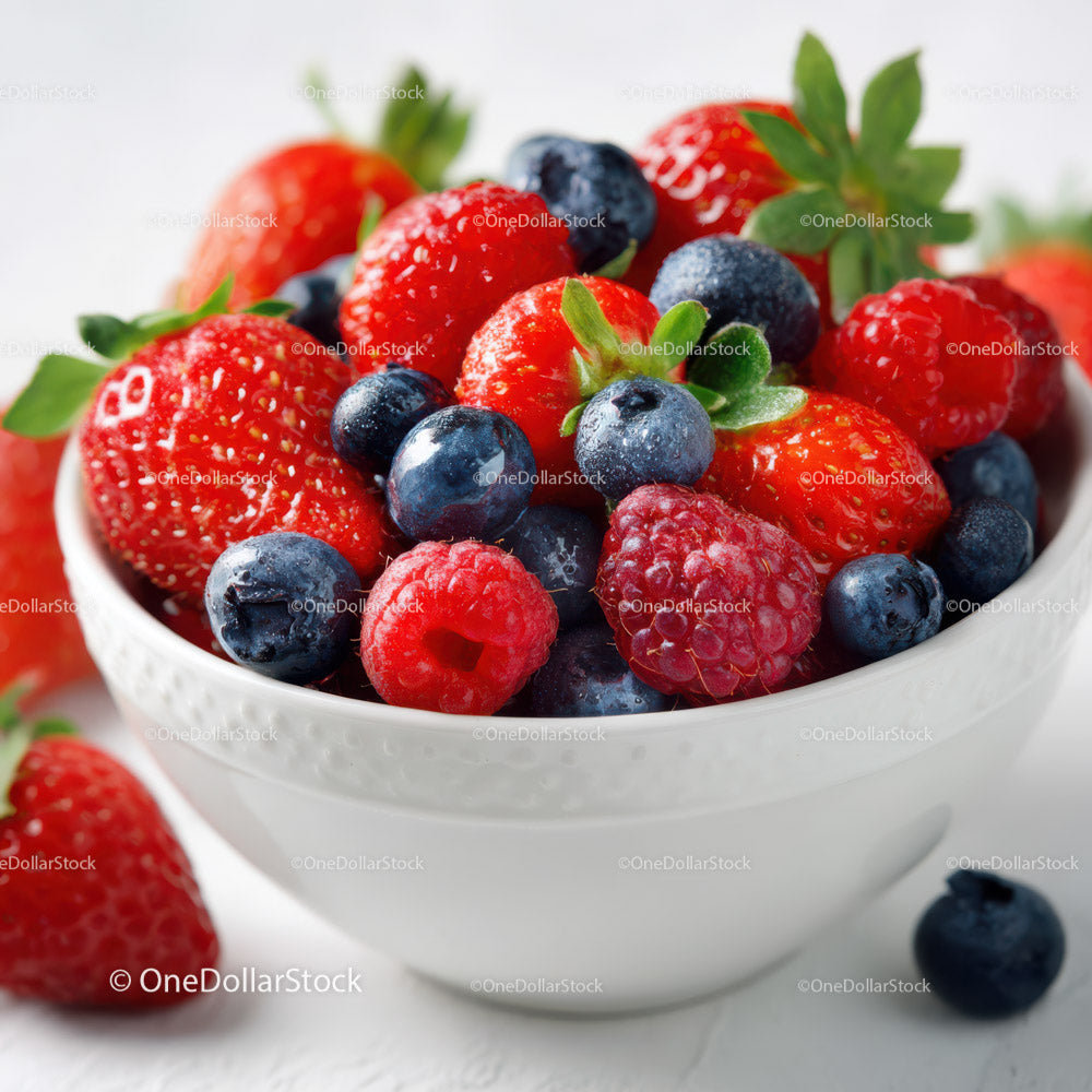 Close-up of Fresh Raspberries Blueberries and Strawberries in a White Bowl