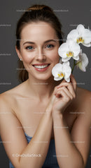 Young Woman Holding White Orchid Flowers in Studio Portrait
