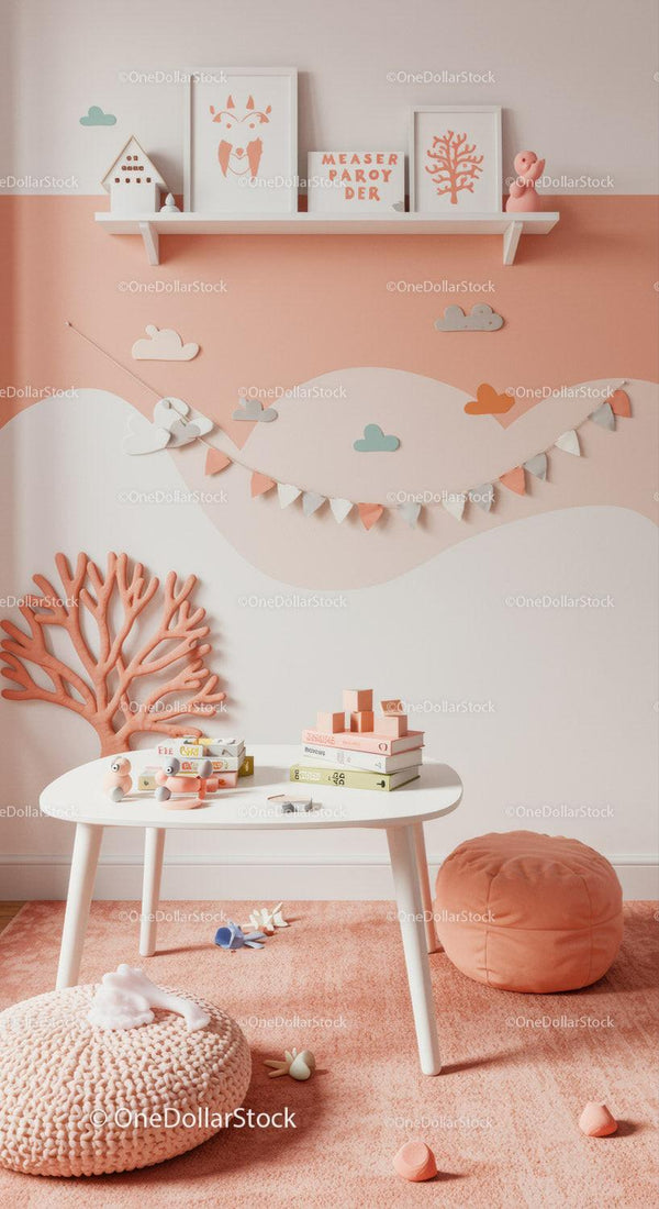 Cute Kids Nursery Room with Cloud Decorations and Pastel Wall Art