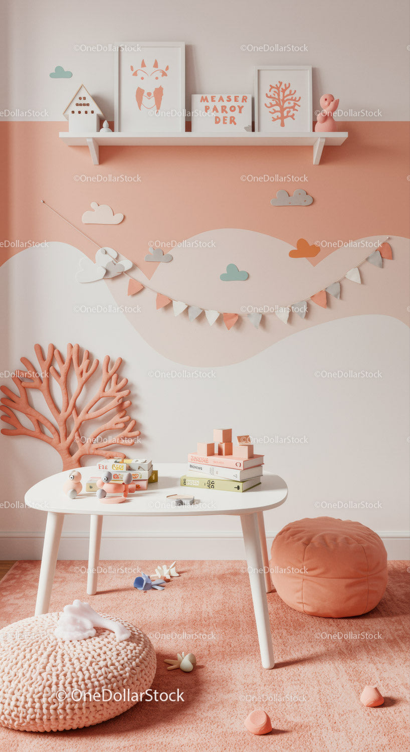 Uroczy pokój dziecięcy z dekoracjami w kształcie chmur i pastelową grafiką ścienną