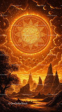 Mystical Ancient Cityscape with Glowing Sun Symbol and Fantasy Atmosphere