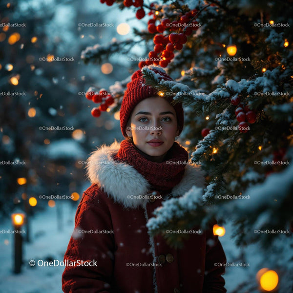 Young woman enjoying winter evening near decorated tree