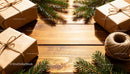 Crafted Gift Boxes with Pine Greenery on Wooden Table