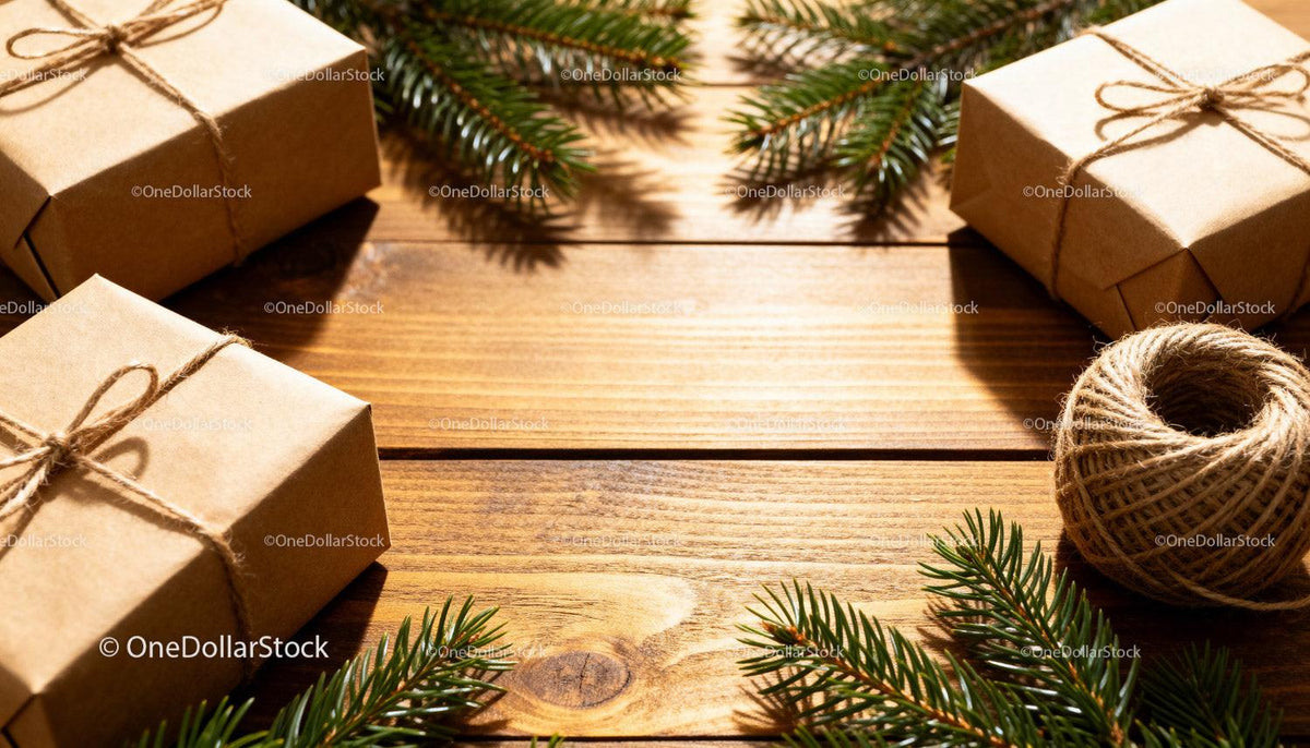 Crafted Gift Boxes with Pine Greenery on Wooden Table