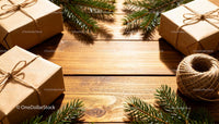 Crafted Gift Boxes with Pine Greenery on Wooden Table