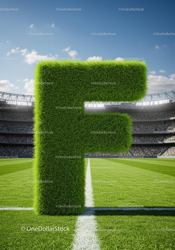 Large Green Grass Letter F on Football Field